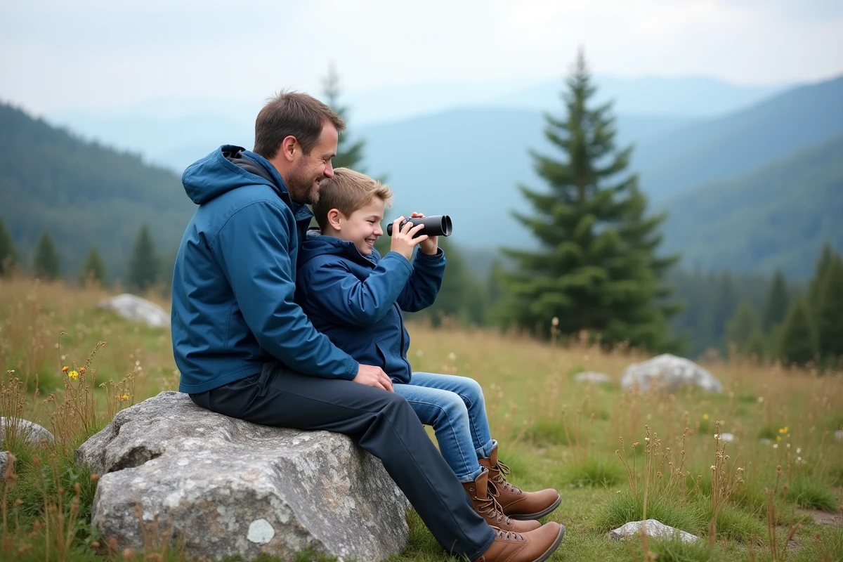 Garçon souriant avec son père en randonnée en montagne