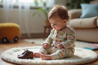 Garçon de 20 mois en body coloré regardant des chaussures