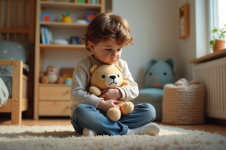 Garçon de 6 ans avec doudou dans sa chambre chaleureuse