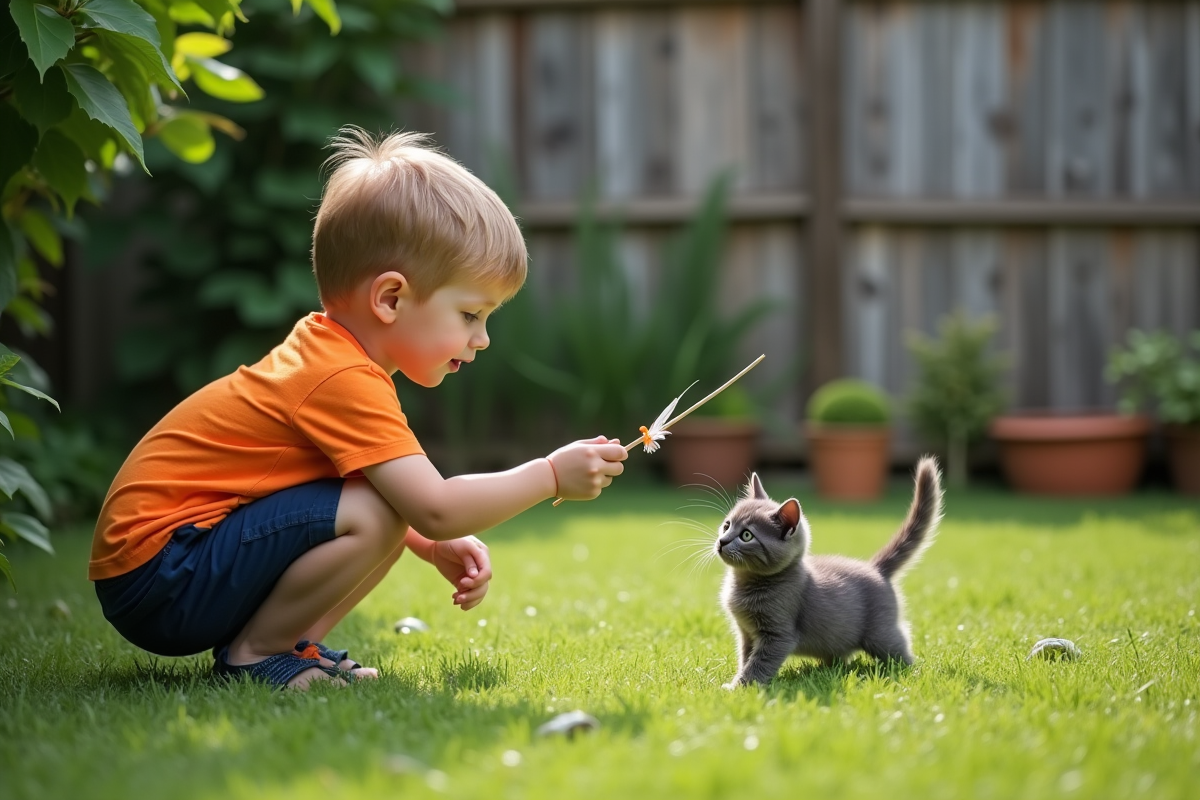 Garçon jouant avec un chaton dans le jardin