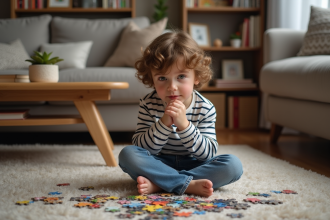 Garçon de 7 ans assemble un puzzle coloré dans le salon