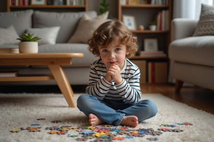 Garçon de 7 ans assemble un puzzle coloré dans le salon