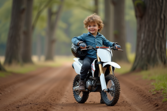 Garçon souriant en motocross avec moto en extérieur