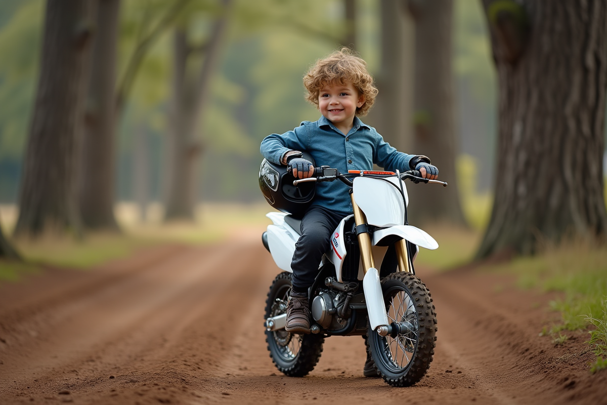 Garçon souriant en motocross avec moto en extérieur