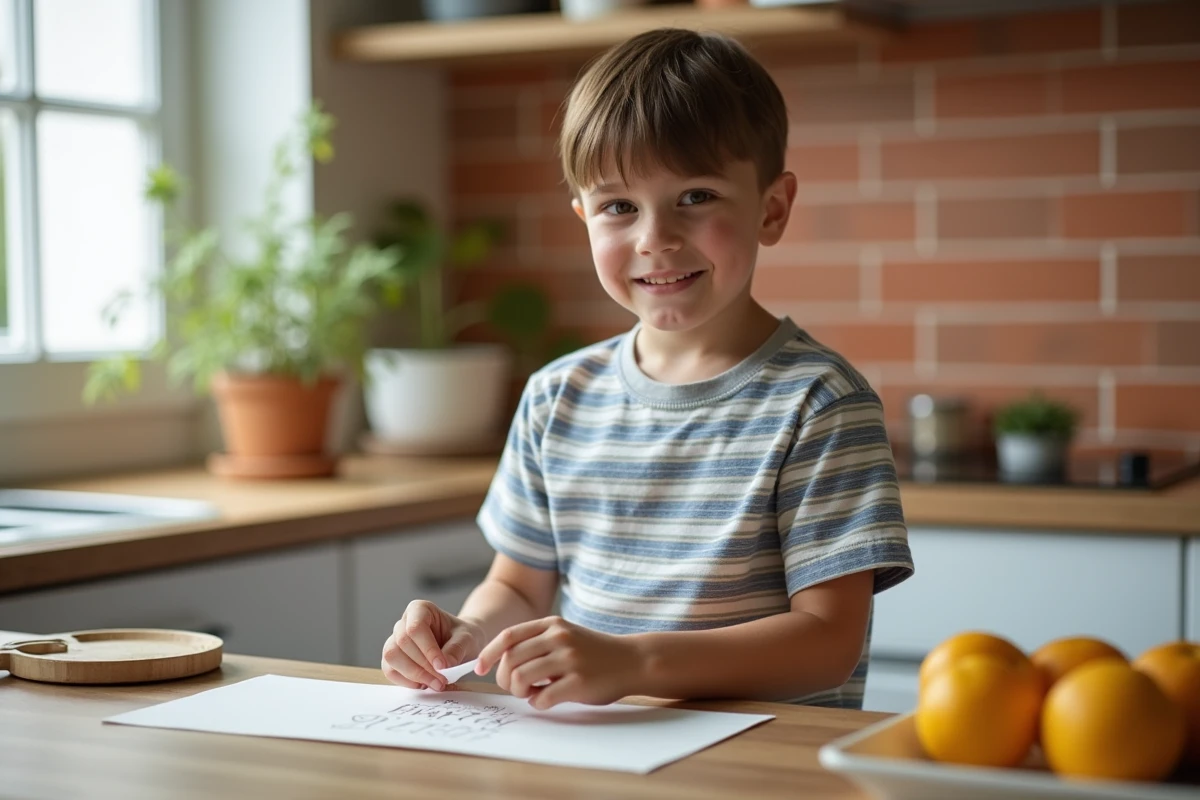 Jeune garçon pliant une carte d'anniversaire faite main dans une cuisine familiale avec un sourire sincère