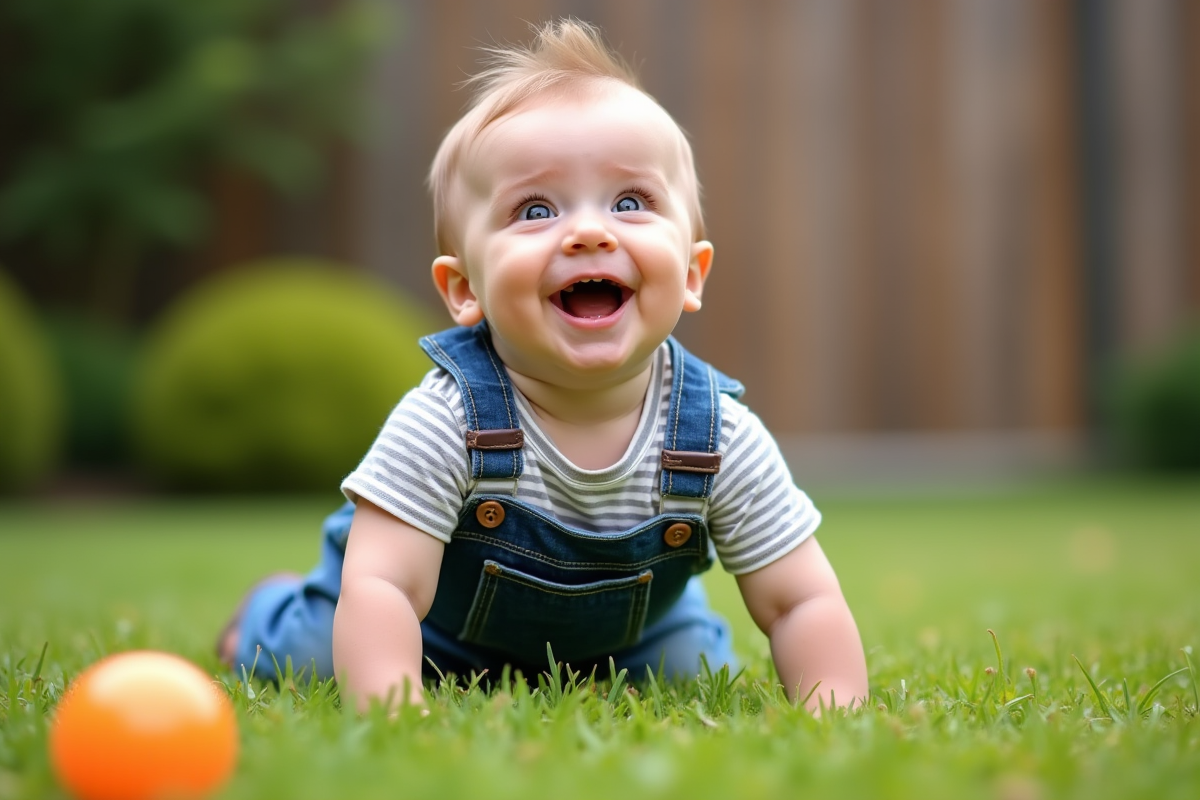 Garcon de un an en salopette joue dans le jardin vert