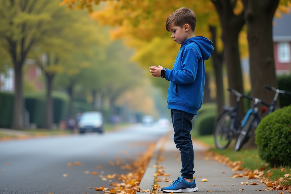 Garçon préadolescent regardant sa montre connectée dans la rue