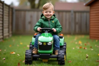 Jeune garçon souriant sur un tracteur électrique dans le jardin