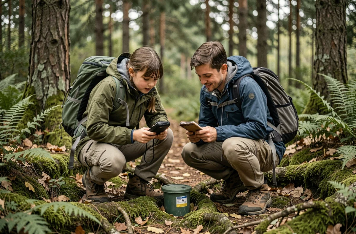 Père et fille découvrant une cache lors d'une partie de géocaching en forêt en Haute-Garonne