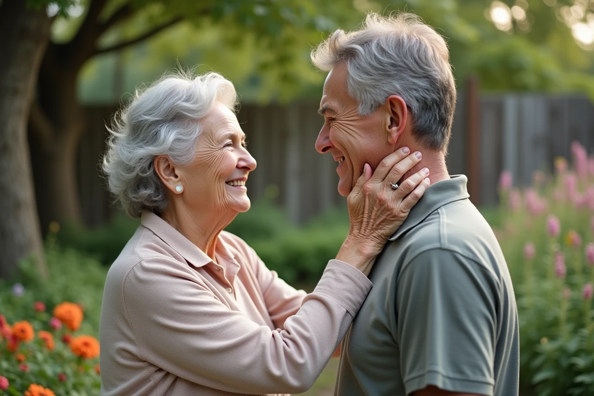Grand-mère et fils dans un jardin en pleine nature