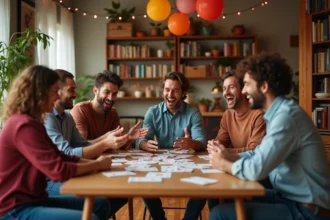 Groupe d'amis jouant à un jeu de société festif