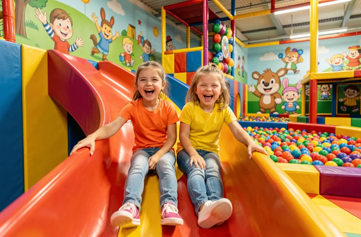 Deux fillettes en train de glisser sur un toboggan coloré au Gulli Parc de Mulhouse