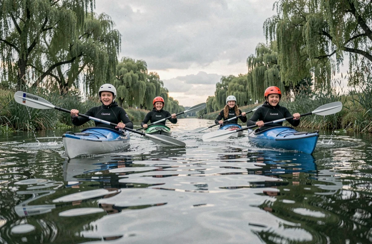 Adolescents en kayak sur une rivière lors du séjour Colos Apprenantes H2Eaux Roulez Jeunesse
