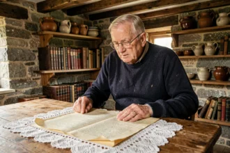 Vieil homme breton examinant un document généalogique ancien dans une ferme en pierre, recherche du nom de famille Albrad