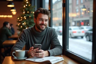 Homme décontracté au café en hiver avec smartphone
