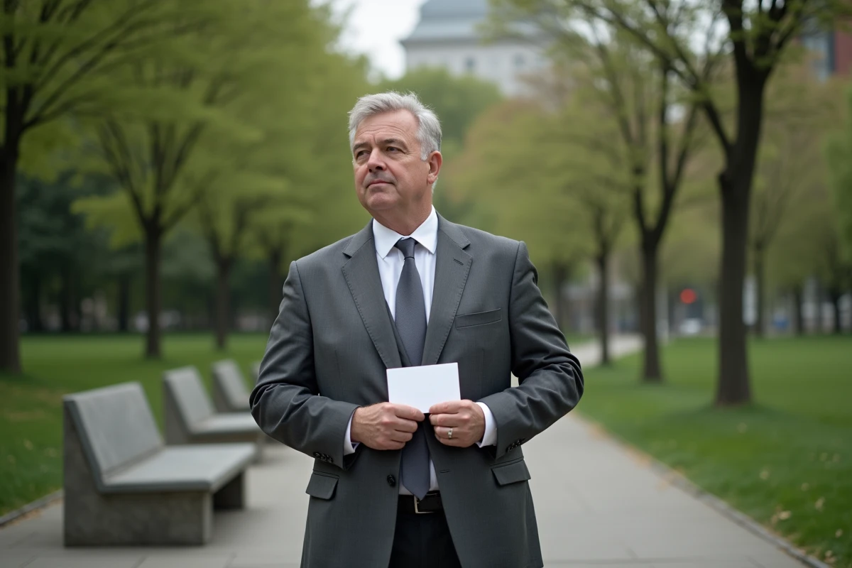 Homme en costume dans un parc tenant une carte de condoléances