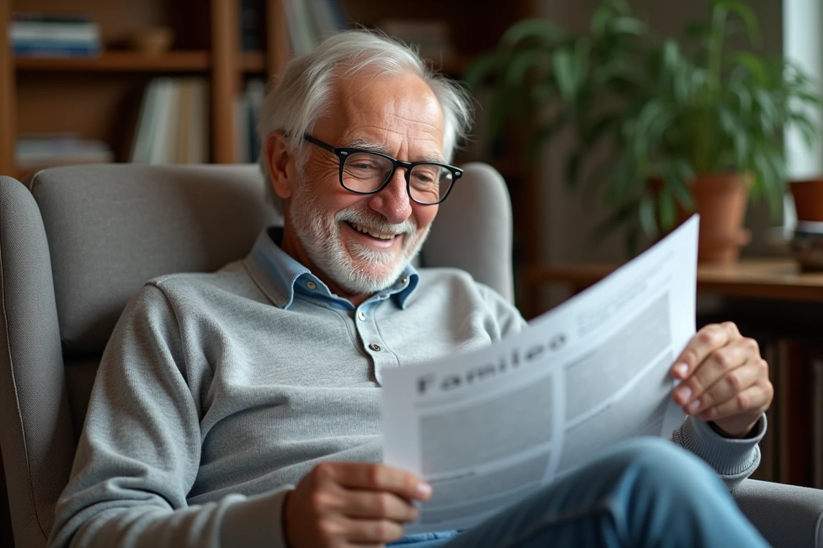 Homme âgé lisant une newsletter dans le salon