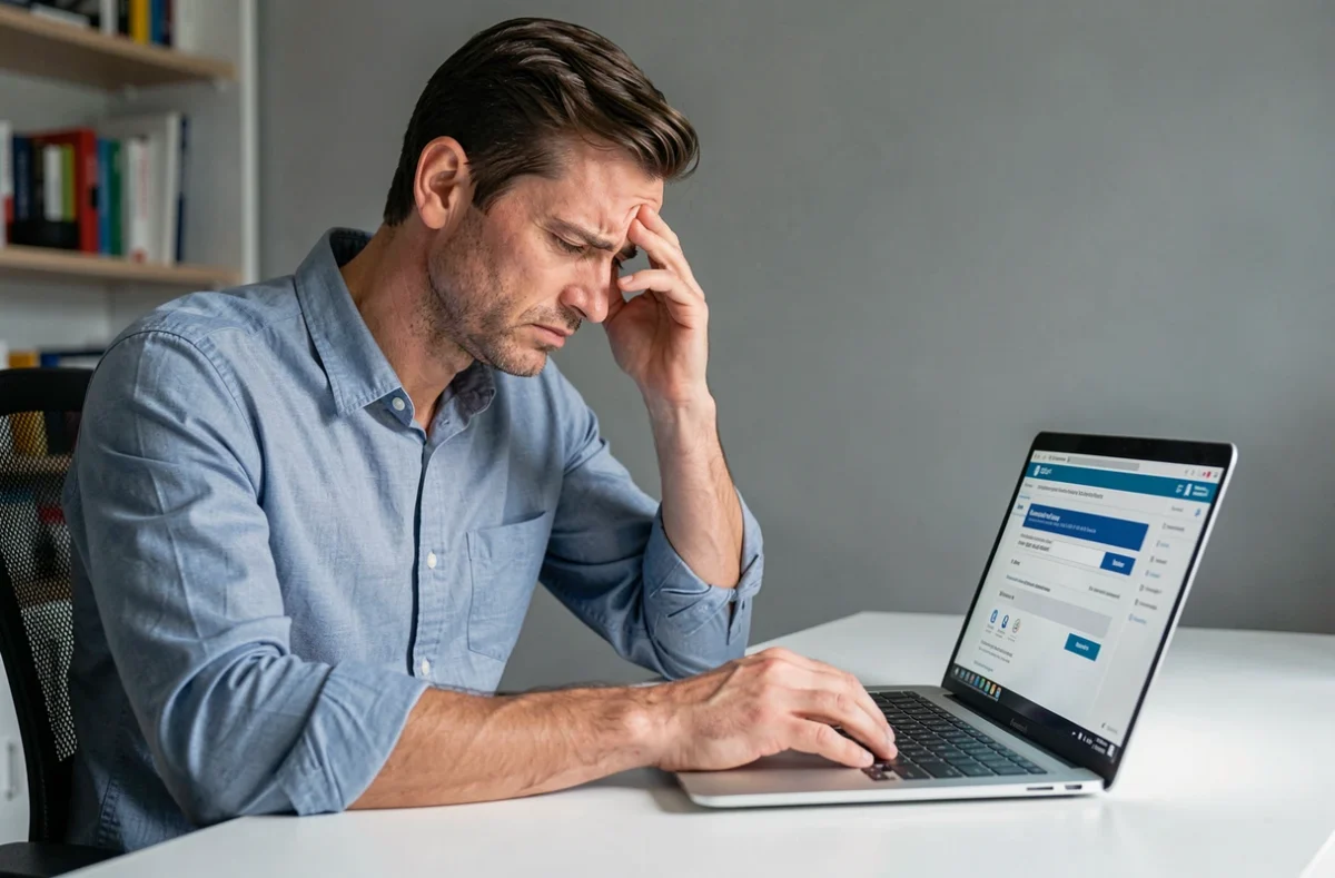 Homme frustré face à un portail fiscal en ligne sur son ordinateur portable dans un bureau à domicile, symbolisant les erreurs fréquentes lors d'un changement de situation fiscale