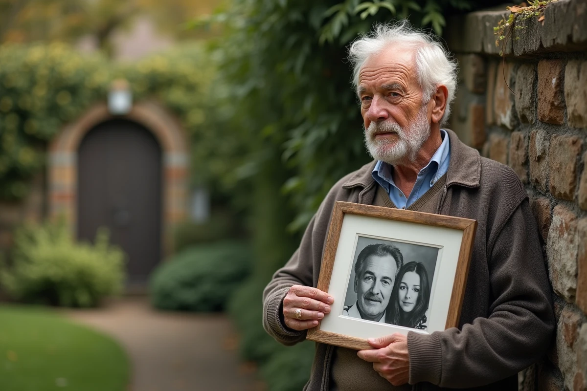 Homme âgé tenant un portrait dans un jardin paisible