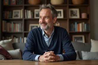 Homme d'âge moyen en salon cosy avec livres et photos