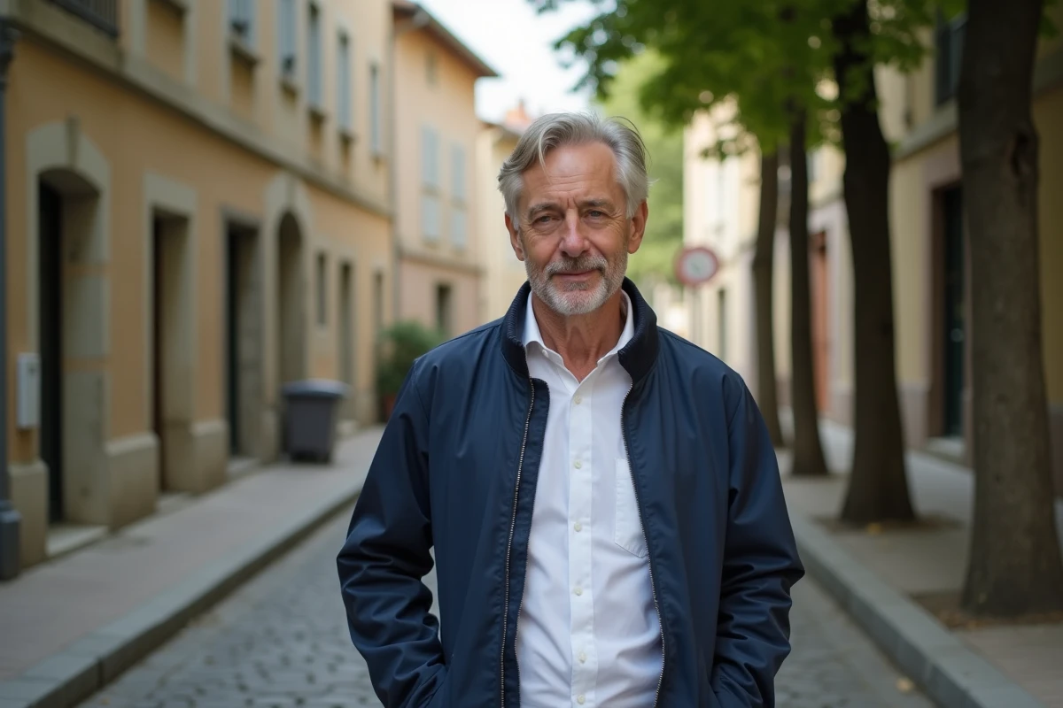 Homme marchant dans une rue pavée d'une ville de province française, style éditorial authentique