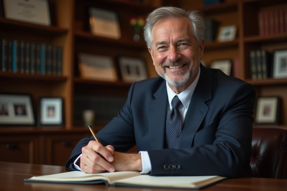 Homme d'âge moyen en costume dans un bureau chaleureux