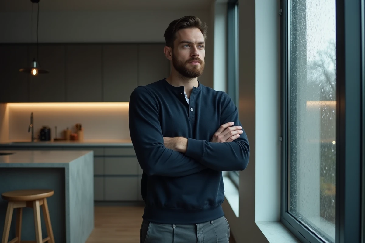 Homme debout près d'une fenêtre pluvieuse, bras croisés et regard distant, illustrant le silence volontaire après une dispute