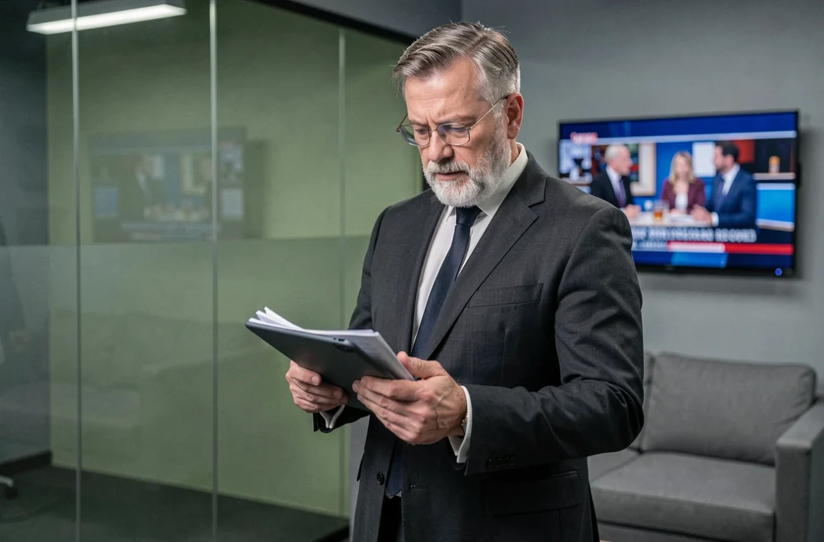 Un homme en costume sombre consulte une tablette dans un couloir de studio de télévision avant une interview, symbole de la gestion médiatique sous pression