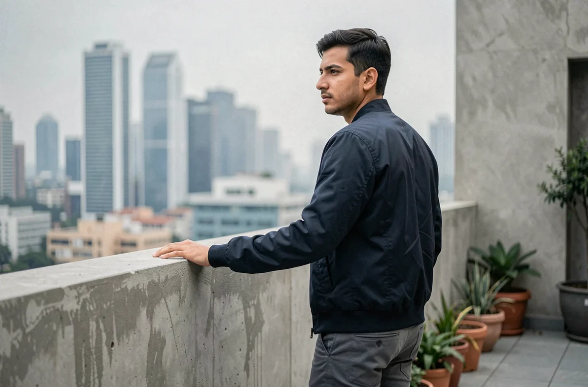 Jeune homme pensif sur une terrasse urbaine regardant la ville, expression introspective évoquant une séparation sentimentale
