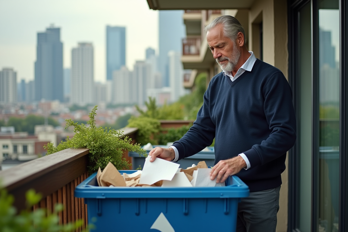 Homme triant des déchets recyclables sur son balcon urbain
