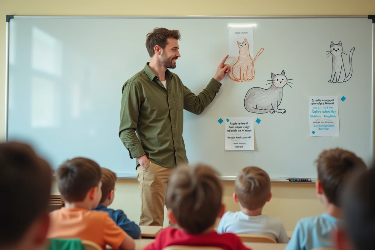 Instituteur présentant les paroles de la comptine 3 petits chats sur un tableau blanc illustré en classe primaire