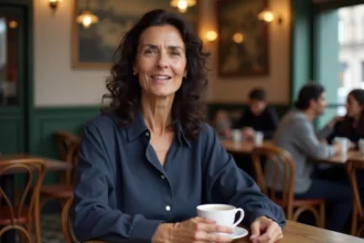 Femme brune aux cheveux ondulés assise dans un café parisien lors d'une interview, évoquant la vie privée de Jeanne Cherhal