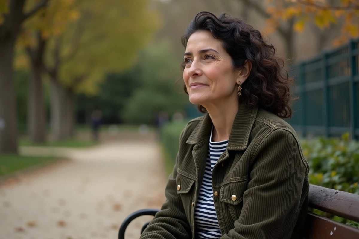 Femme assise sur un banc dans un jardin parisien en automne, regard pensif, illustrant une interview intime sur la vie personnelle de Jeanne Cherhal
