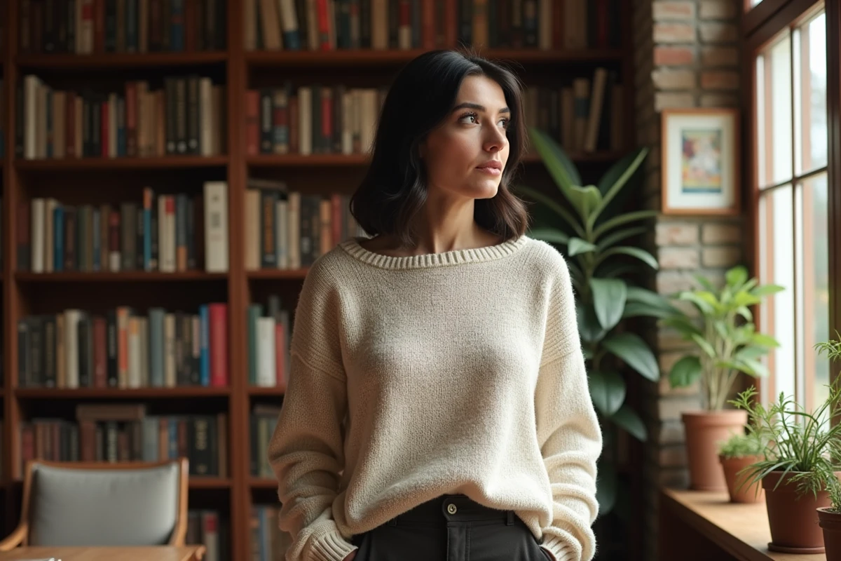 Femme pensive debout dans une bibliothèque domestique chaleureuse, illustrant la vie privée et les confidences d'une artiste française en interview