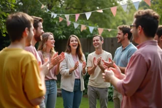 Groupe d'adultes jouant à un jeu d'animation anniversaire en cercle dans un jardin sans matériel