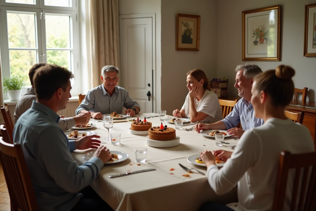 Adultes jouant à un jeu de mémoire en chaîne autour d'une table d'anniversaire sans accessoires