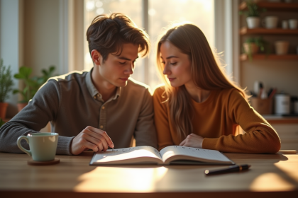 Jeune couple lisant un carnet de noms de bébé sur la table