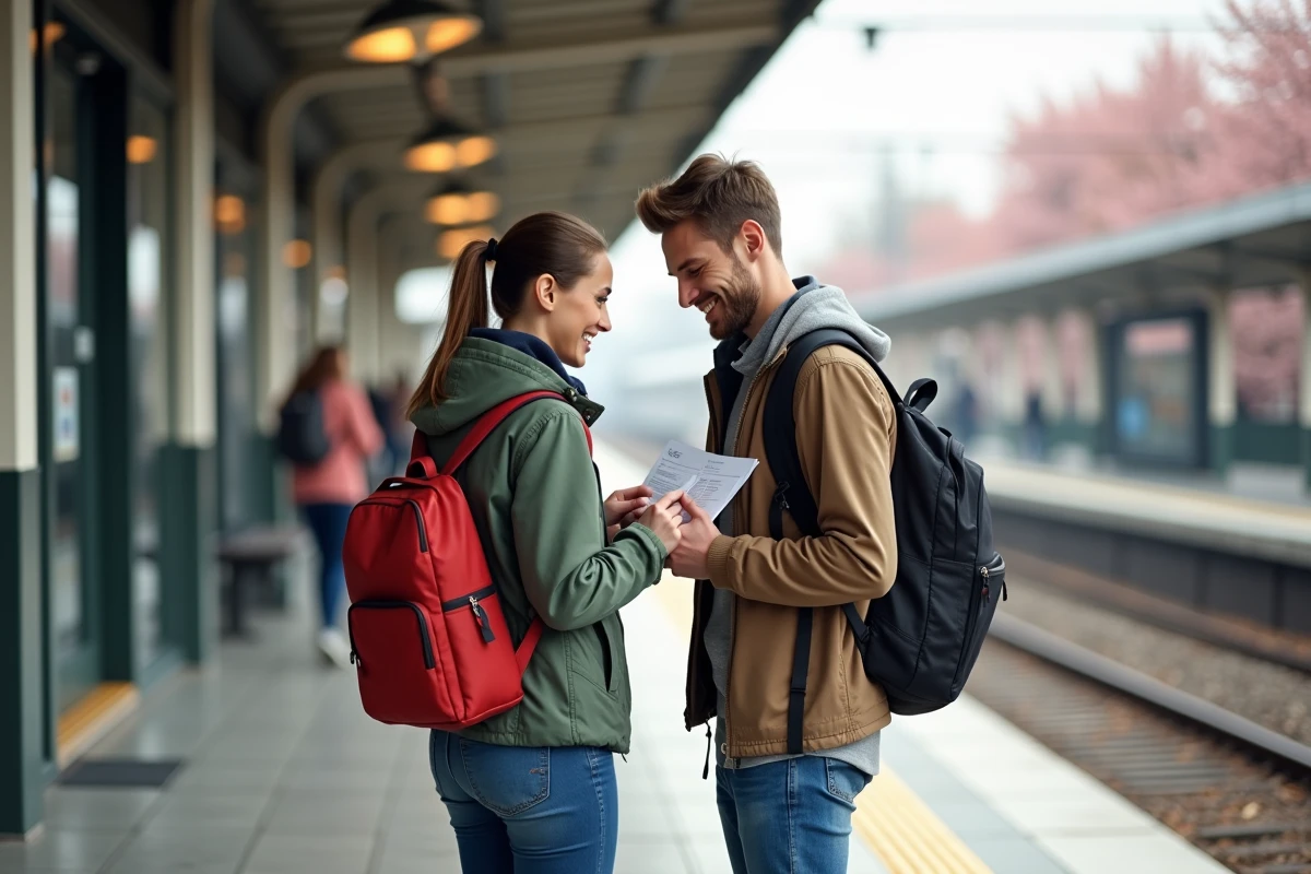 Jeune couple souriant vérifiant leurs billets à la gare