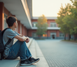 Adolescent seul sur les escaliers de l'école en journée