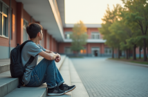 Adolescent seul sur les escaliers de l'école en journée