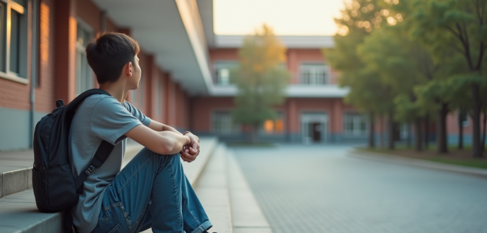 Adolescent seul sur les escaliers de l'école en journée