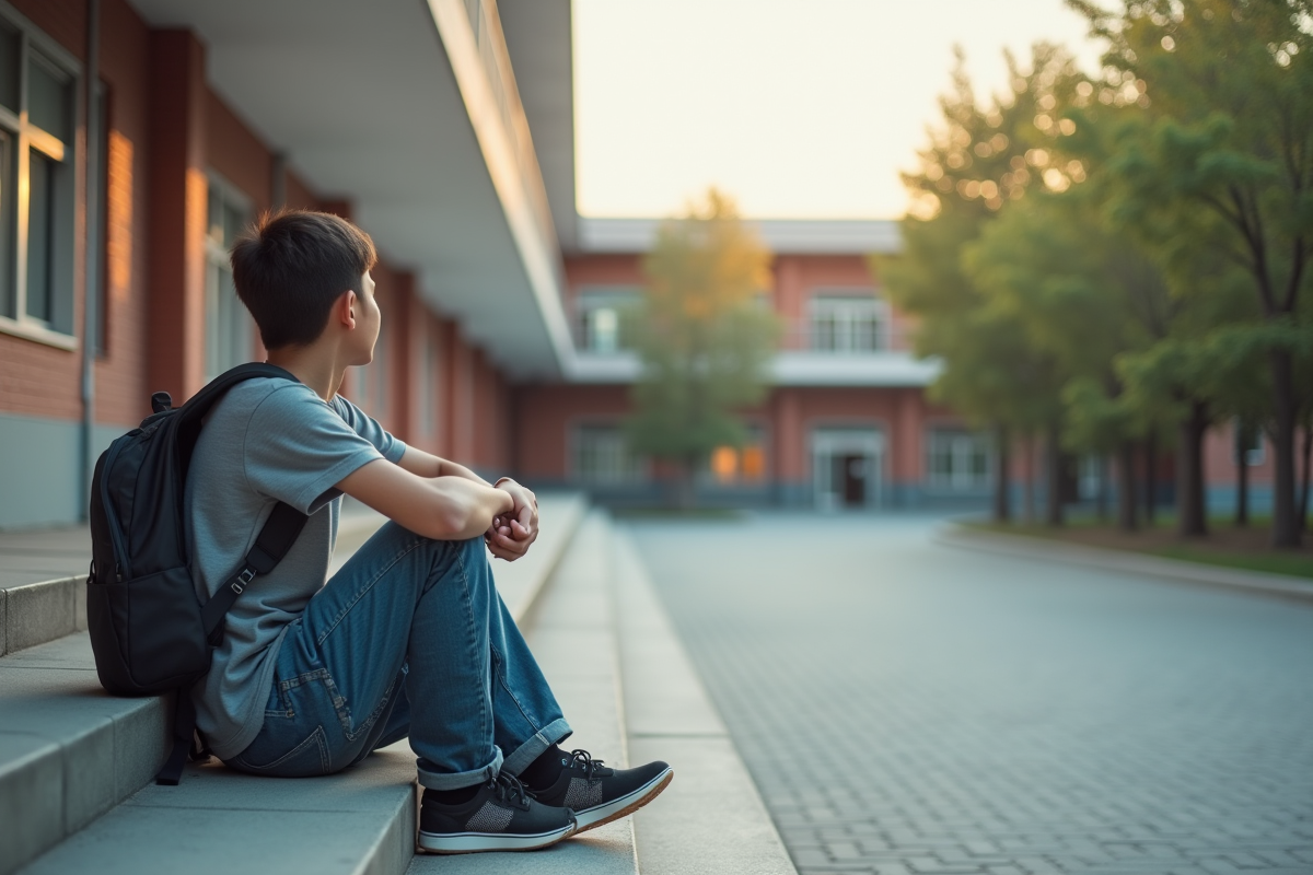 Adolescent seul sur les escaliers de l'école en journée
