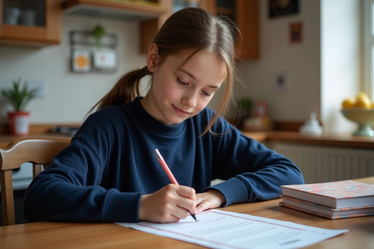 Jeune fille remplissant une attestation scolaire à la maison