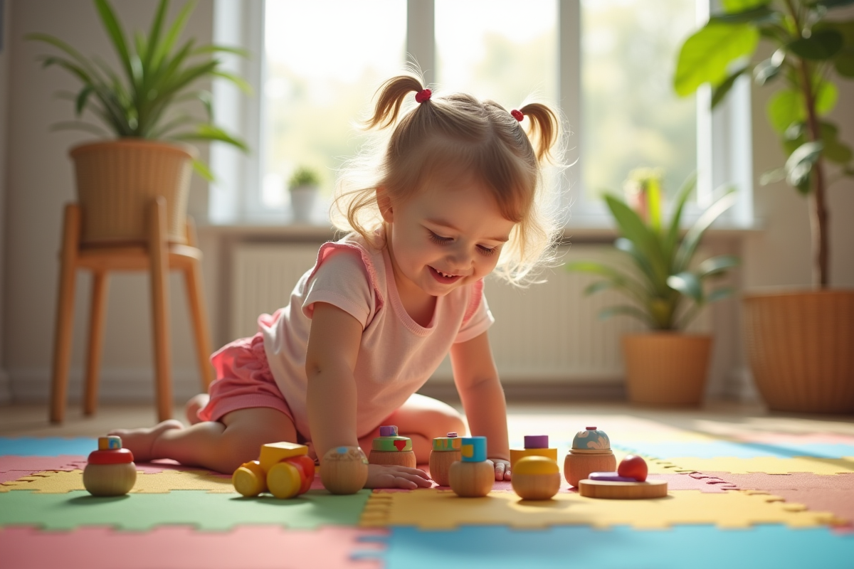 Jeune fille de 3 ans jouant avec des jouets éducatifs en bois dans un salon lumineux