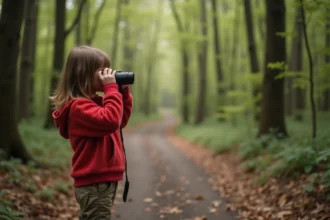 Jeune fille curieuse avec jumelles dans la forêt