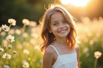 Jeune fille souriante dans un jardin en fleurs