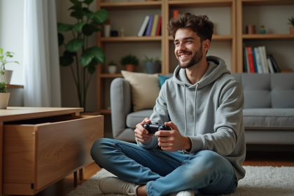 Jeune homme assis sur le sol en train de ranger une manette de jeux vidéo