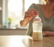 Parent mesurant 450 ml de lait dans un biberon lumineux