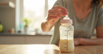 Parent mesurant 450 ml de lait dans un biberon lumineux