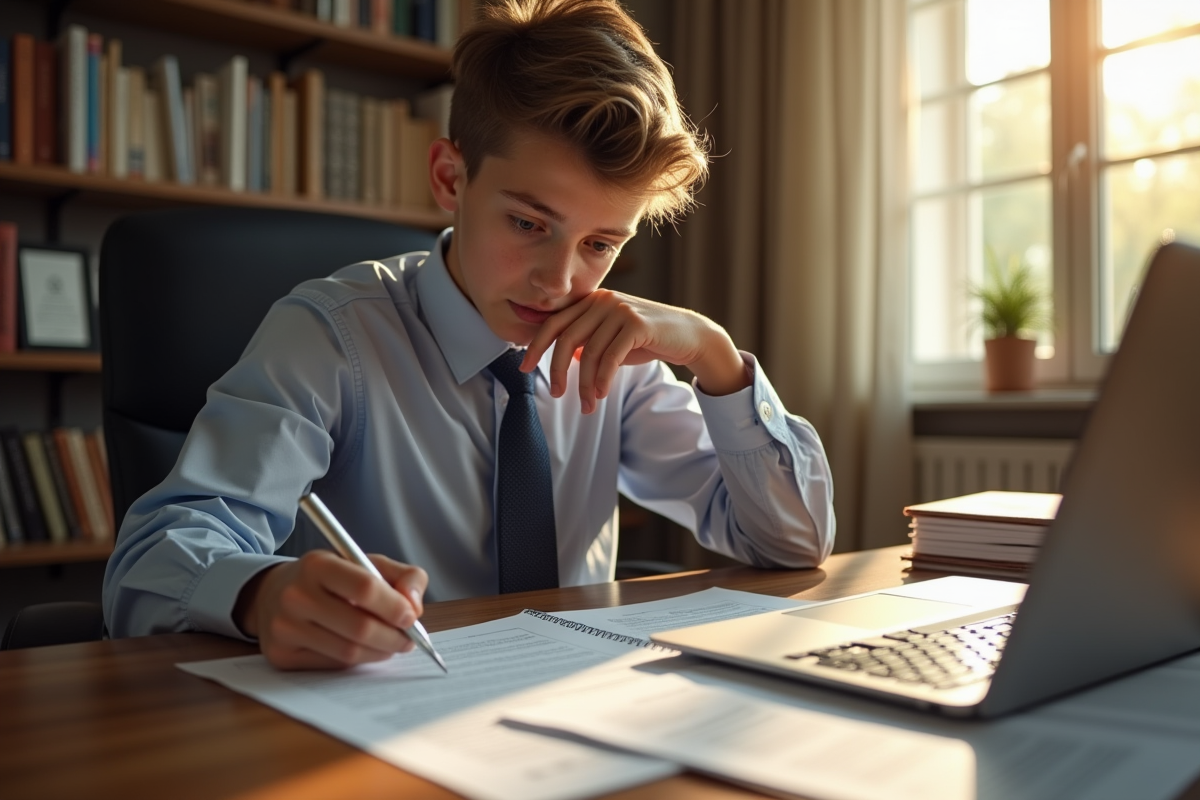Jeune personne étudiant des documents juridiques au bureau